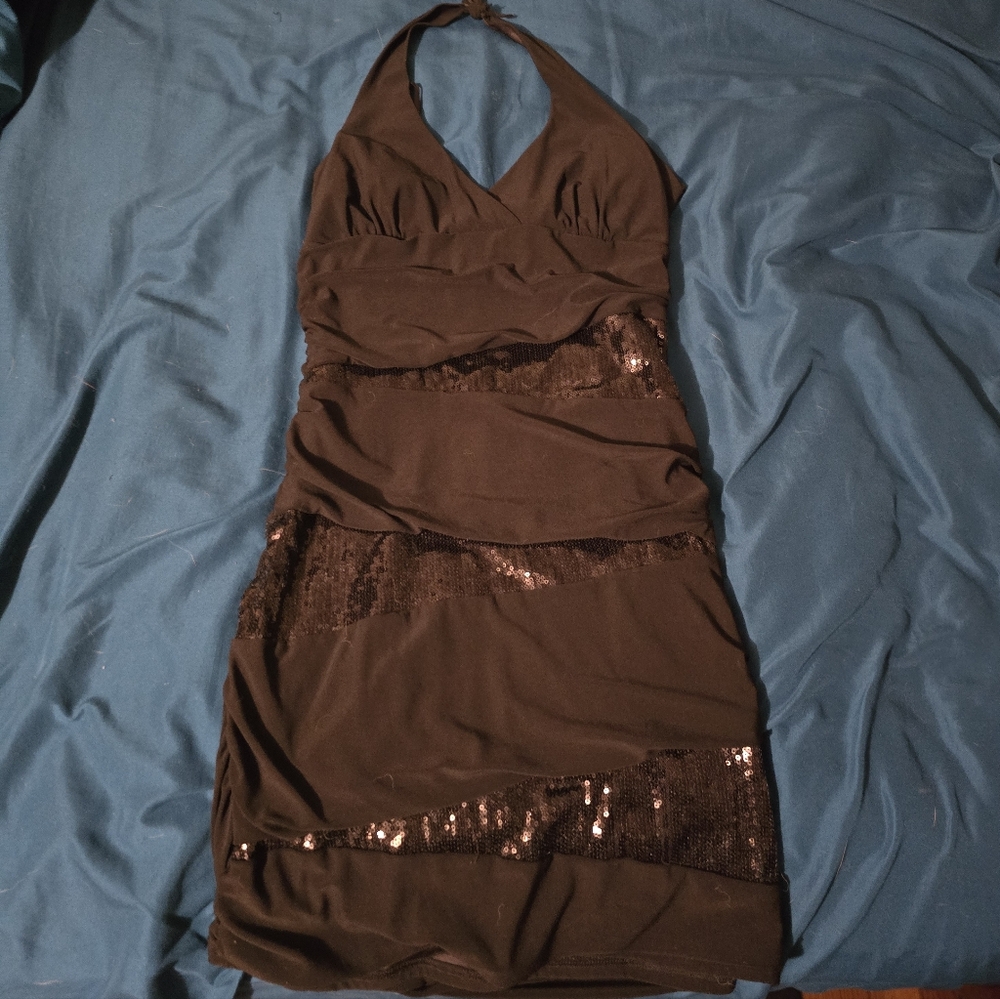 Black Halter Dress with Sequin Accents